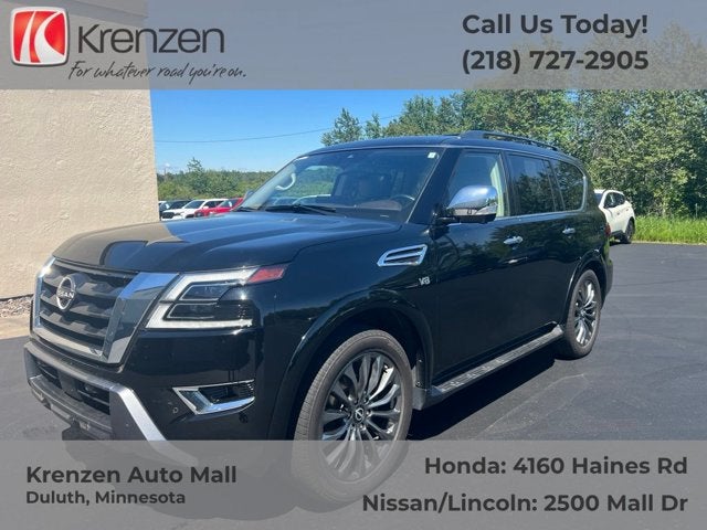 2021 Nissan Armada Platinum in Super Black — front three-quarter view